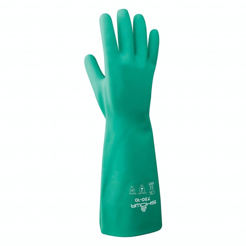 SHOWA 730 Nitrile Chemical Resistant Safety Glove with Cotton Flocked Liner, Food Safe, 15 Mil Thick, 13" Length, for Vending Machines, Medium (12 Pair) Image SHOWA 730 Nitrile Chemical Resistant Safety Glove with Cotton Flocked Liner, Food Safe, 15 Mil Thick, 13" Length, for Vending Machines, Medium (12 Pair) Image
