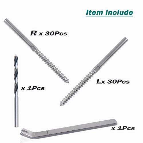 kjxxkj Stainless Steel Right&Left Handed Thread Swage Lag Screws for Wood Post of 1/8 inch Cable Railing Kit,Decking Railing Hardware,DIY Baluster Kit (30 Pairsï¼‰