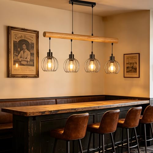 ZMH Vintage Hanging Lamp Wood 4 Bulbs - Pendant Light Dining Table in Industrial Design Black Retro Pendant Light Dining Table Lamp Height Adjustable for Dining Room Kitchen Living Room Bar (Light