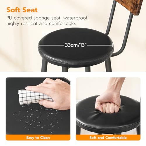 HOOBRO Round Bar Stools, Round High Bar Chairs Set of 2 with Back, Kitchen Counter Height Stools for Kitchen Island, Dining Room, High Stool Chairs with Footrest, Rustic Brown and Black EBF31BY01G2