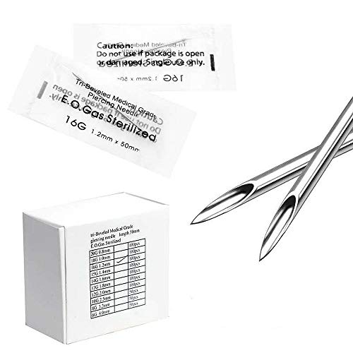 Ear Septum Nose Piercing Needles Piercing Needles Beach Body Art Supply Surgical Steel EO Gas Sterilized Tri-beveled Hollow Body Piercing Needles Individually Wrapped Box of 100 (18G)