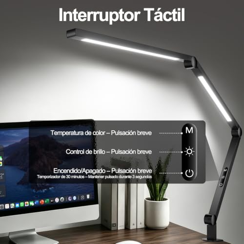 Lampara de Escritorio LED con Pinza, Doble Fuente de Luz 1500LM CRI>95, Lámpara de Mesa con Brazo Ajustable 7 Articulaciones, 4 CCT y 5 Brillos, Luz para Monitor y Home Office