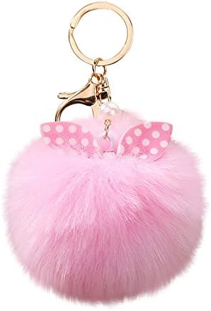 Danhjin Cute Cat and Bow Keychain Pendant Women Key Ring Holder Pompoms Key Chains