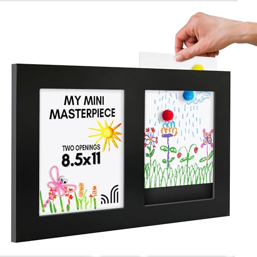 Americanflat 8.5x11 Kids Art Frame - Slide In 8.5x11 Picture Frame Holds 25 Artworks per Slot with Two Openings and Art Storage - My Mini Masterpiece - Changeable Display - Black