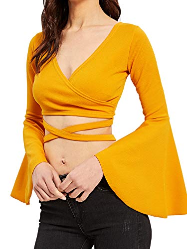 SheIn Women's V Neck Long Bell Sleeve Warp Front Tie Up Cross Crop Top Blouse Shirt Small Ginger