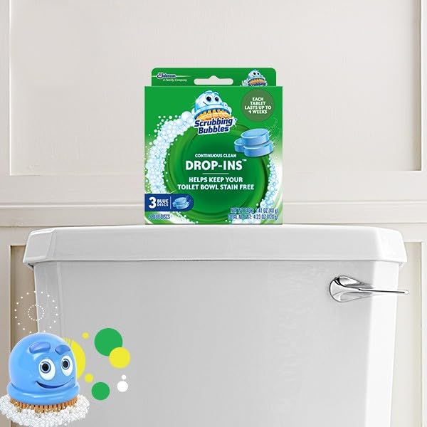 SCRUBBING BUBBLES CONTINUOUS CLEAN TOILET DROP-INS, AUTOMATIC BLUE TOILET BOWL CLEANER, SEPTIC-SAFE TANK TABLETS REMOVE HARD WATER MINERALS & LIMESCALE, STAIN & SMELL PROTECTION, 5 COUNT (PACK OF 1)