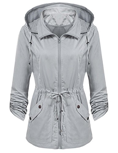 Elever Women's Detachable Hooded Drawstring Anorak Military Utility Jacket Light Grey M - Thumbnail 5