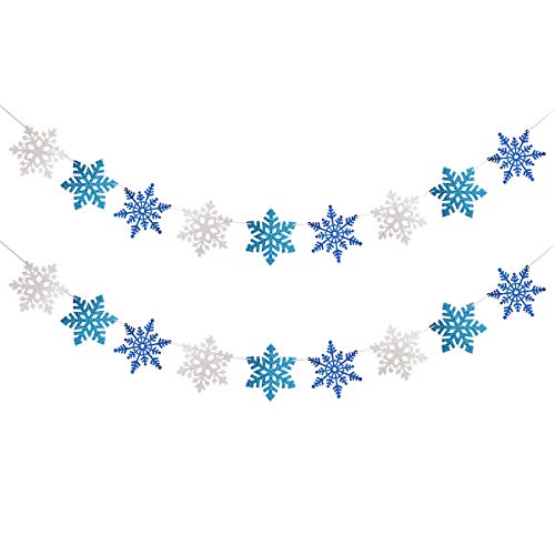 2 Pack White & Blue & Light BLue Glittery Snowflake Banner- Christmas Holiday Party Decorations,Winter Wonderland Decor,Santa Festive Party Decor,Winter Mantle Home Decor