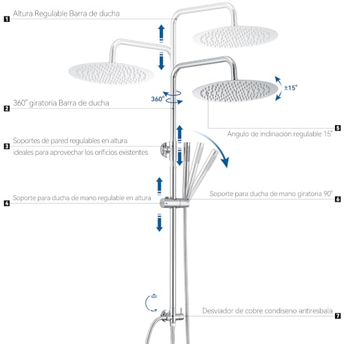 Auralum Columna Ducha sin Grifo, Set de Ducha con Cabezal de Ducha Lluvia 25×25 cm Acero Inoxidable, Alcachofa, Barra de Ducha Altura Regulable 68-108cm,válvula desviadora de Latón, Cromo