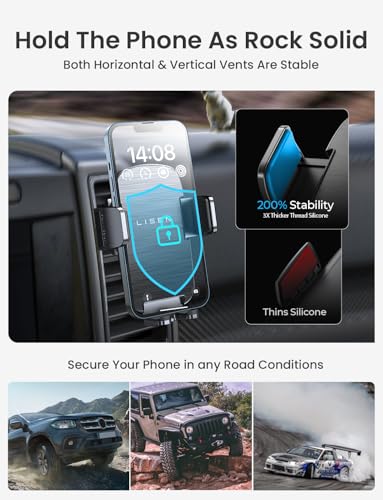 LISEN 2025 Car Phone Mount, Phone Holders for Your Car [Thick Cases Friendly] Car Phone Holder Air Vent Wider Clamp & Metal Hook Cell Phone Car Mount for iPhone Pro Max Samsung Smartphones