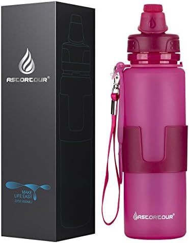 ASTORTOUR Collapsible Water Bottle - Leak Proof Twist Locking Cap - BPA Free Platinum Silicone 22 Ounce - Anti-scald Hand Grip, Removable Lanyard for Hiking Sports Camping (Neon Pink)