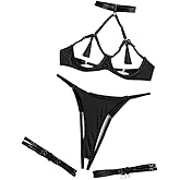 WRWMSLGO Women's Lingerie Set Sexy Underwire Hollow Out Tassels Bra Thong Panty Garter Belt Bodysuit Teddy Babydoll Nightwear