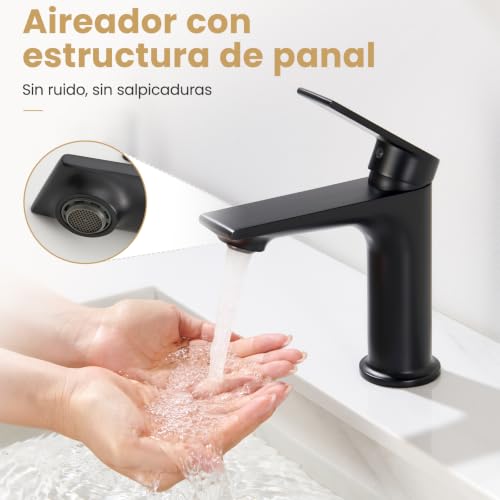 CECIPA Bathroom Sink Faucet Lead-Free Spout Height 11cm | Removable Flow Regulator with Flow Limiter, Water and Energy Saving, No Joystick, Black Finish