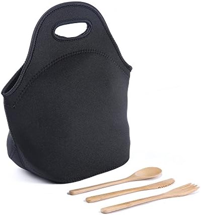 Neoprene Insulated Reusable Lunch Bag, Soft Cooler Portable Lunch Tote for Women Men Kids, Durable Washable Waterproof, with Bamboo Flatware Set