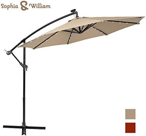 Sophia and William 10ft Patio Offset Umbrella Cantilever Outdoor Solar Lighted Umbrella with 32 PCS LED Lights, Cross Base and 8 Ribs (Beige)