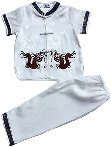 Hooyi Baby Boy Embroidery Dragon Tang Suit White Tops Pant Set Chinese Traditional Costume Suit