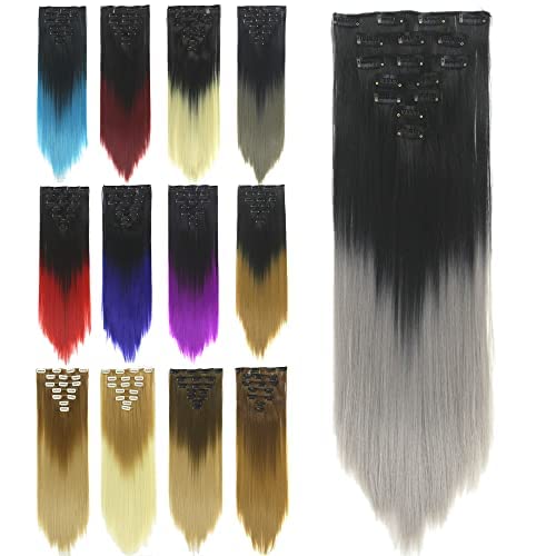 IMISSU 24 Inch 7PCS Set Long Straight Clip in Hair Extensions Ombre Color Full Head Hair Extension Hairpiece for Women 120g (Ombre Grey)