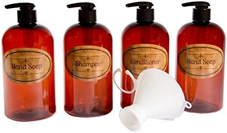 Bottiful Home-16 oz Empty Amber PET Plastic Shampoo, Conditioner, 2 Hand Soap Bottles-Tan Waterproof Labels-100% Rust-FREE, Clog-FREE, Drip-FREE-Plus Bonus Twist-on Funnel