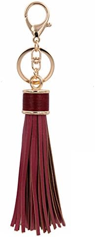 Kiwitwo Women Leather Tassels Keychain Car Circle Key Rings Handbag Wallet Accessories with Drawstring bag (Red)