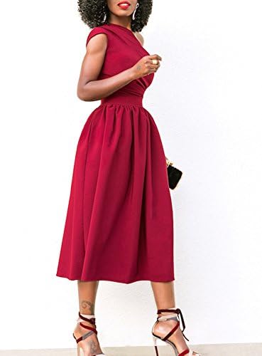 Linnakary Women's Sexy One Off Shoulder Sleeveless Midi Cocktail Party Dress with Pocket