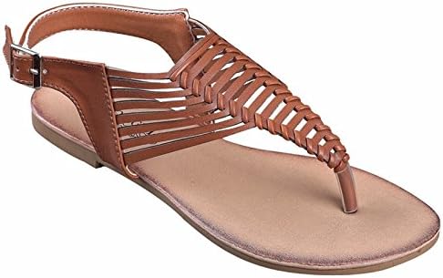 Womens Cage Cutout Woven T-Strap Thongs Slingback Gladiator Flat Sandals CML 8