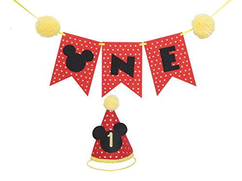 Mickey Party Mini hat| First Birthday Outfit Boy Mickey Mouse Party Hat Cake Smash Outfit | 1st Birthday Outfit | Party Hat | Cake Smash Cake Photoprop (Mini 1st Birthday Hat, High Chair Banner)