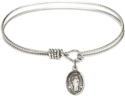 Rhodium Plate Oval Eye Hook Textured Bangle Bracelet with Saint Joseph the Worker Petite Charm, 6 1/4 Inch