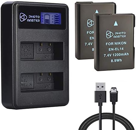 PHOTO MASTER 2x EN-EL14/EN-EL14a Replacement Battery and USB Dual Charger for Nikon D3300, D3200, D3100, D5300, D5100, D5200, D5500, Coolpix P7000, P7100, P7700, P7800, Battery Grip BG-2G