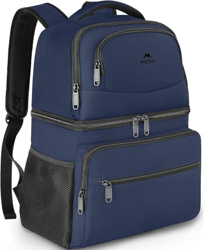 MATEIN Backpack Cooler 30 Litres with Capacity of up to 40 Cans, Thermal Backpack with Double Compartments, Lightweight and Anti-Leak Insulated Bag for Beach, Camping and Hiking, Blue