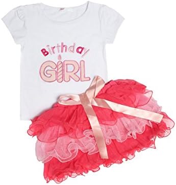 Girl's Birthday Top With Tutu Skirt Sets Outfit Tiered Skirt Layered Dress (6-8T, Red)