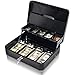 BAYA Cash Box with Money Tray | Key Lock | Tiered Coin Tray with Lid | Steel Cash/Money Storage Safe | For Petty Cash Security | 12 x 10 x 3.5 Inches | Black