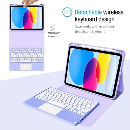 ProCase for iPad 11th / 10th Generation Case with Keyboard, Magnetically Detachable Wireless Keyboard with Multi-Touch Trackpad for iPad (A16) 2025 /10th Gen 2022 -Purple