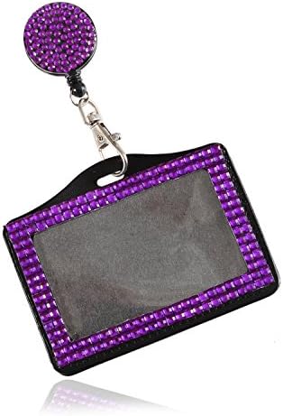 Kingbling Purely Handmade Fashion Retractable Purple Bling Crystal Strap Neck Lanyard Cute Rhinestone Badge Holder+Jeweled Horizontal Business Name ID Card Holder+Beaded Badge Reel Clip