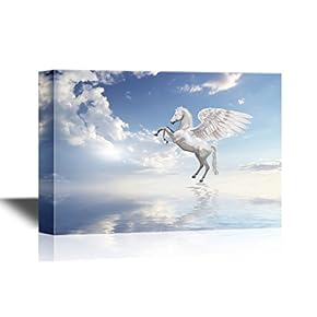 Funny Flying Animals Canvas Wall Art - A Horse with Wings Flying Above The Water - Gallery Wrap Nursery Wall Decoration/Kids