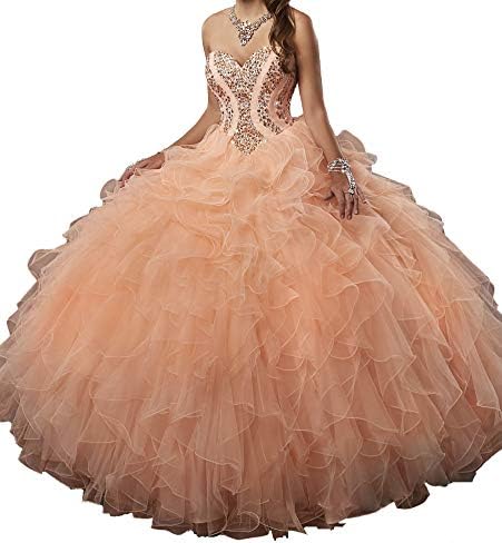 HuaMao Women's Sweetheart Girls 15 16 Luxury Ruffled Beaded Prom Party Quinceanera Dresses