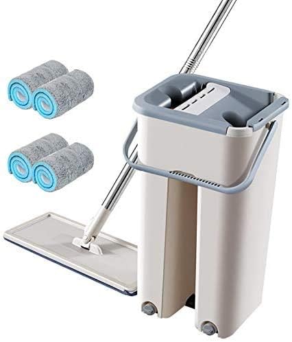 Mop Bucket Cleaning Kit with 4 Reusable Mop Pads. Easy to Use, Easy to Dry, Not Dirty Hands, Large Area Mop, Stainless Steel Handle, 360 ° Flexible Swivel Head