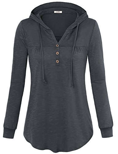 Ladies Sweatshirts Hoodies,Vivilli Womens Pullover Hooded Sweatshirt Notch Neck Pleats Front Hoodie With Buttons Grey XL