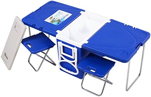 Quality Camping - Multi Function Rolling Cooler - with Table &amp; 2 Chairs - Beverage Cooler Cart - Convenient For Picnic Camping Party Beach - Blue