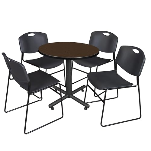 Regency Kobe 30" Round Breakroom Table- Neo Walnut & 4 Zeng Stack Chairs- Black