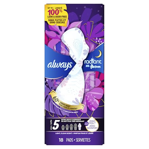 ALWAYS RADIANT FLEXFOAM PADS FOR WOMEN, SIZE 5, EXTRA HEAVY OVERNIGHT ABSORBENCY, WITH WINGS, SCENTED, 18COUNT