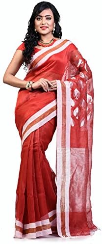 Bengal Handloom Women's Pure Linen & Resham Silk Saree Free Size Maroon