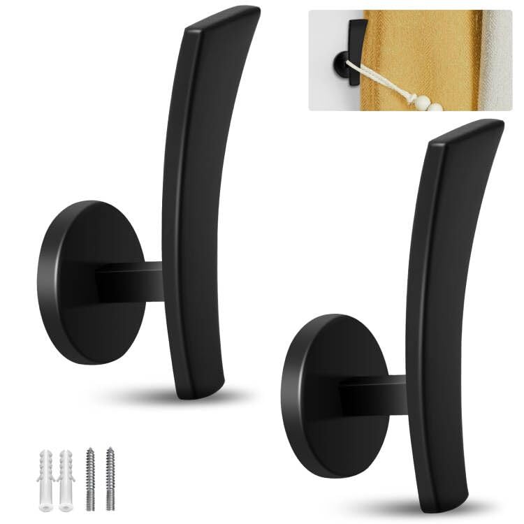Curtain Tie Back Hooks,2 Pack Black Metal Curtain Holder Wall Mounted Curtain Tiebacks Hooks Decorative Modern Drapery Holdbacks, Curtain Holders Tie Backs for Home Bedroom Living Room Decor