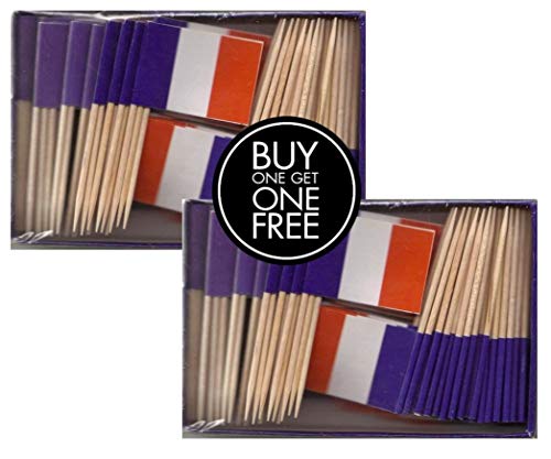 2 Boxes Mini France Toothpick Flags, BOGO Buy 1 Box of 100 and Get Another Box Free, Total 200 Small Mini French Flag Cupcake Toothpicks or Tiny Cocktail Sticks & Picks