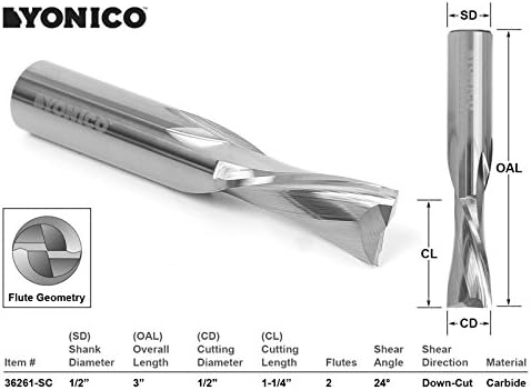 YONICO36261-SC - Low Helix Downcut Spiral End Mill CNC Router Bit, Diameter: 1/2", Cutting Height: 1-1/4", Flutes: 2-1/2" Shank