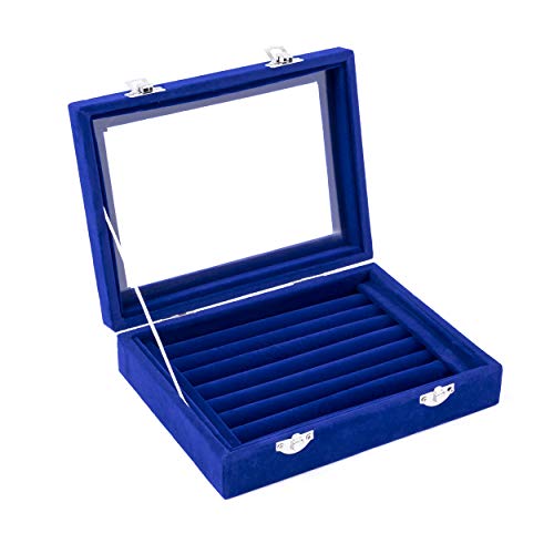 Hivory Ring Earrings & Studs Organizer Jewelry Box for Teen Girls ~7 Rows to hold Rings Earrings & Studs ~ Display Ring & Earring Box ~ Jewelry Storage & Display Box For Dressing Room or Travel (Blue)