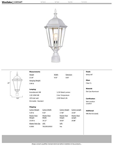 Maxim 1005WT, Westlake Cast Aluminum Outdoor Post Lighting, 100 Total Watts, White