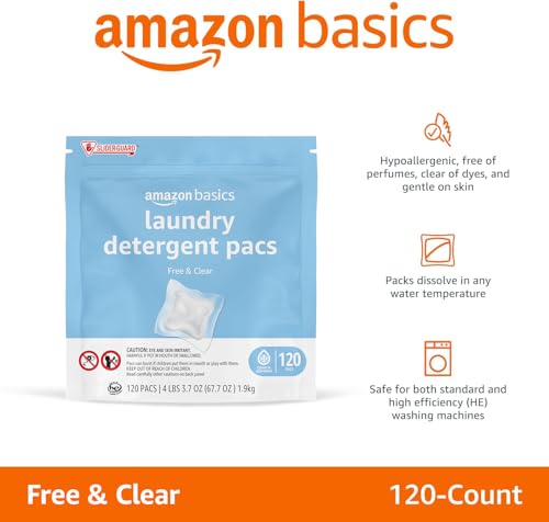 AMAZON BASICS LAUNDRY DETERGENT PACS, FREE & CLEAR, HYPOALLERGENIC, FRAGRANCE FREE, HE COMPATIBLE, EASY TO USE, 120 COUNT (NEW PACKAGING)