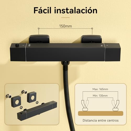 Auralum Grifo Termostático de Ducha, Cuerpo Frío Antiquemaduras con Botón de Seguridad 38°C, Mezclador Termostático de Pared, Cartucho Antical, Centros Ajustables 135-165 mm, Salida G1/2'', Negro
