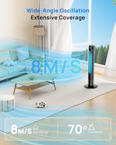 Tower Fan 92 cm with Adjustable LED Screen (Total Off) and Remote Control with Mute Button, Silent Column Fans 28dB, 6 Speeds+5 Modes, Oscillation 70°, 8 m/s, Timer 12h