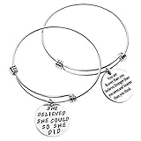 Bassion 2 Sets Silver Plated Stainless Steel Metal Inspirational Bracelets Engraved Motivational Round Charm Pendant Expandable Adjustable Bracelets Bangle Gift for Women Men